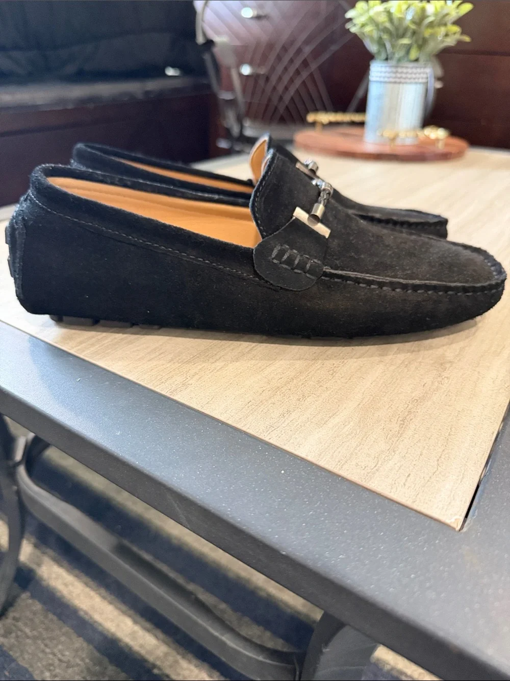 DC Men’s Black Suede Slip-On Loafers with Silver Bit